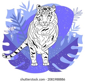Vector illustration of tigers with tropical leaves and exotic plants on a pink background. Trendy seamless pattern.