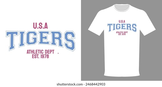 Vector illustration of TIGERS T-shirt, USA, Athletic Department. Typographic print slogan for printing. Varsity League, college jersey, retro design, old school style