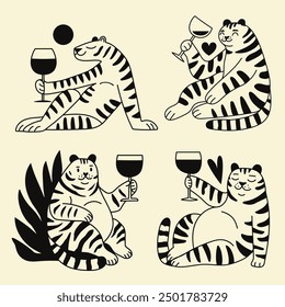 Ilustración vectorial con tigres y vino. Impresión del volante del partido, cartel de la decoración de la pared del hogar o de la barra, diseño de la impresión de la ropa, Plantilla del elemento de la impresión de la botella de vino