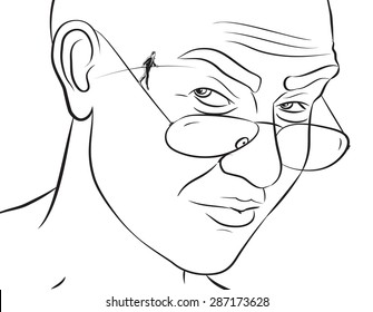 Vector illustration of the tightrope walker on the wire arm of glasses as the owner of glasses watches him suspiciously.
