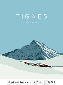 Vector illustration. Tignes France. Poster, banner, postcard, cover. Tourism. Travel. Nature.