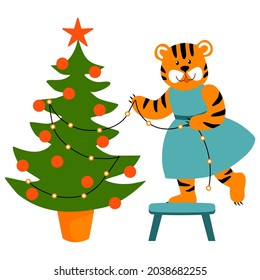 Vector illustration, tigress decorates the Christmas tree.