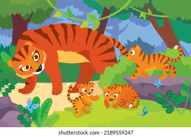 Vector illustration of tigress watches how tiger cubs play in the jungle