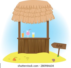 Vector illustration of tiki bar on seashore. Isolated