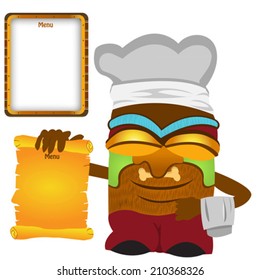 Vector illustration of a tiki cook statue holding a menu