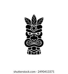 Vector illustration of a Tiki mask. Black silhouette of a tribal traditional totem on an isolated background. Polynesian style wooden artifact design element.