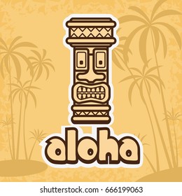 Vector illustration of tiki mask, palm trees and text Aloha