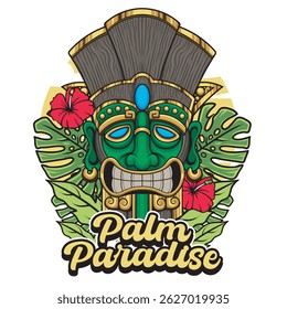 Vector Illustration of Tiki Mask with Retro Vector Illustration Available for Tshirt Design