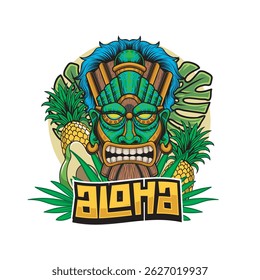 Vector Illustration of Tiki Mask with Retro Vector Illustration Available for Tshirt Design