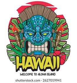 Vector Illustration of Tiki Mask with Retro Vector Illustration Available for Tshirt Design