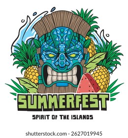 Vector Illustration of Tiki Mask with Retro Vector Illustration Available for Tshirt Design