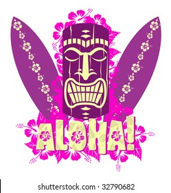 Vector illustration of tiki mask with surf boards, and hand drawn text Aloha