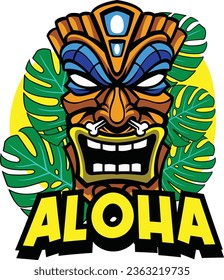 Vector Illustration of Tiki Mask with Tropical Leaves