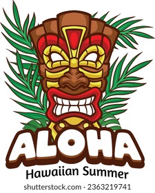 Vector Illustration of Tiki Mask with Tropical Leaves