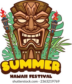 Vector Illustration of Tiki Mask with Tropical Leaves