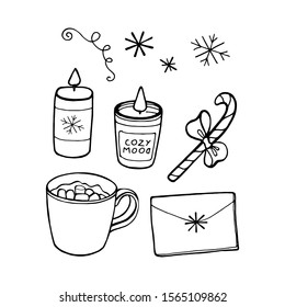Vector illustration with Time to Hygge and cozy home things. Danish living concept. Hand drawn style.