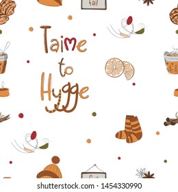 
Vector illustration with Time to Hygge lettering and cozy home things like candles, socks, rug, tea, Danish living concept. Greeting card template, hand drawn style.