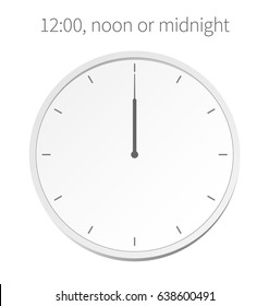 Vector illustration, time increments, analog clock, the schedule on minutes00:00, 12:00, 12:00 am, 12:00 pm. Twelve hour.