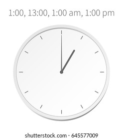 Vector illustration, time increments, analog clock, the schedule on minutes, 1:00, 13:00, 1:00 am, 1:00 pm