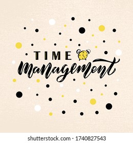 Ilustración vectorial de las letras del lápiz de administración de tiempo para banner, publicidad, señalización, diseño web, etiqueta, pegatina o impresión. Texto escrito a mano y dibujo de un doodle de un reloj

