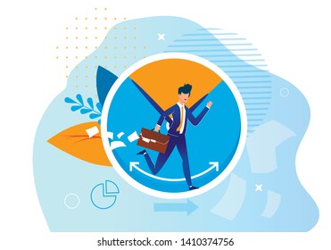 Vector Illustration Time Management Cartoon Flat. Young Man in Business Suit Runs with Briefcase in his Hands. Balanced Approach to Working Time Management Brings Big Success at Work.