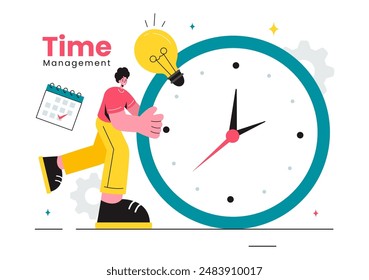 Ilustración vectorial de la gestión del tiempo con controles de reloj y planificación de tareas, actividades de formación y programación en un fondo plano de estilo de dibujos animados