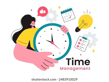 Vector Illustration of Time Management with Clock Controls and Task Planning, Training Activities, and Schedule in a Flat Cartoon Style Background