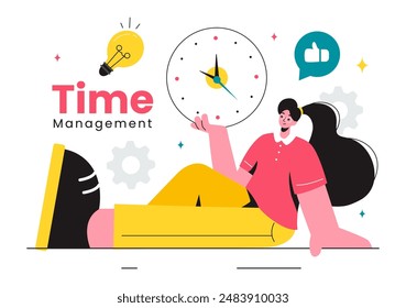 Vector Illustration of Time Management with Clock Controls and Task Planning, Training Activities, and Schedule in a Flat Cartoon Style Background
