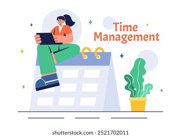 Vector Illustration of Time Management with Clock Settings, Task Planning, Training Activities, and Scheduling in a Flat Cartoon Style Background