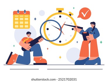 Vector Illustration of Time Management with Clock Settings, Task Planning, Training Activities, and Scheduling in a Flat Cartoon Style Background