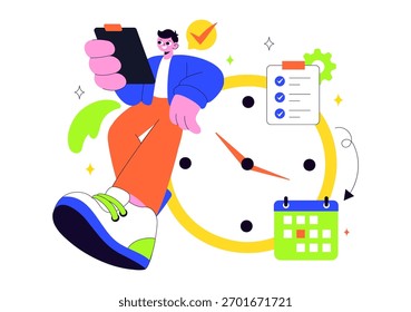 Vector Illustration Of Time Management With Clock Settings, Task Planning, Training Activities, And Scheduling In a Flat Cartoon Style Background