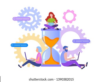 Vector illustration, time management concept, hourglass and staff on white background, quick response, optimization of office work.