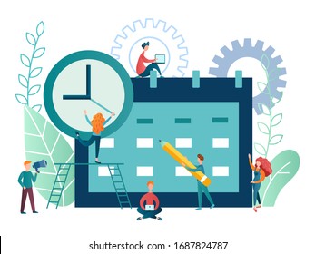 vector illustration time management concept. employees of the company's team plan the workflow and organize the work time using electronic applications and modern technologies