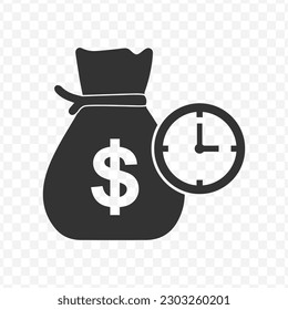 Vector illustration of time money bag icon in dark color and transparent background(png).