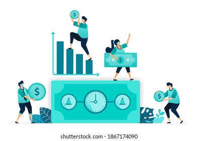 Vektorgrafik von Zeit ist Geld mit Uhr. Glocke auf Dollar-Rechnung. Arbeitszeit, Einkommen. Arbeiterinnen und Arbeiterinnen. entwickelt für Website, Web, Landing Page, Apps, ui ux, Poster, Flyer