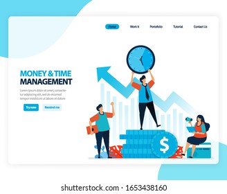 Vector illustration of time and money management. Organize and plan financial funds for the future. Flat cartoon for landing page, template, ui ux, web, website, mobile app, banner, flyer, brochure