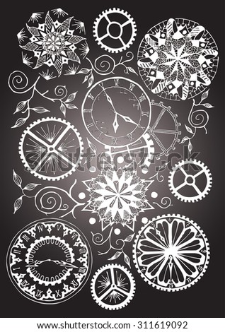 Vector illustration, time and nature sketch, card concept.