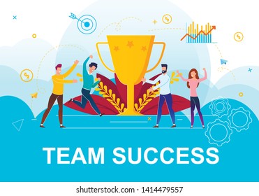 Vector Illustration Time Success Landing Page. Foreground there is Golden Cup or Prize for Work Done. Flat Banner People Rejoice at Victory and Achievement Goal Cartoon. Teamwork Led to Success.