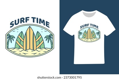 vector illustration of time to surf on the beach in summer good for t-shirt design, wave, surfboard, sun