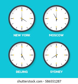 Vector illustration of time zone clocks in NY, Moscow, Beijing and Sydney