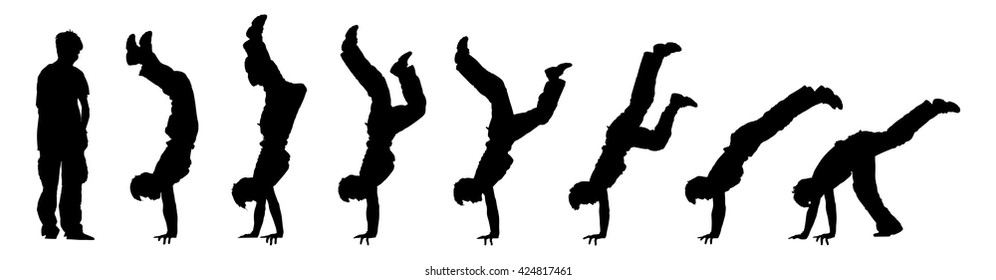 Vector illustration of time-lapse silhouette of a boy doing a gymnastic handstand, isolated against white.