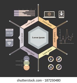 Vector illustration of timeline info graphics with 7 icons, 1 world map and 3 different kinds of diagram. Altogether file contains 6 groups of  elements, which can be ungrouped, combined or recolored