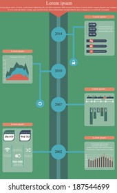 Vector illustration of timeline info graphics with 8 icons, 1 world map and 3 different kinds of diagram. Altogether file contains 8 groups of  elements, which can be ungrouped, combined or recolored