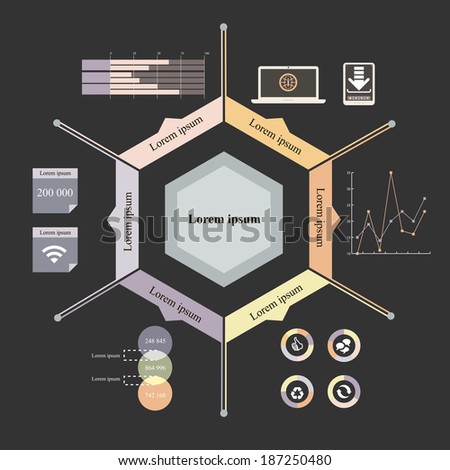 Vector illustration of timeline info graphics with 7 icons, 1 world map and 3 different kinds of diagram. Altogether file contains 6 groups of  elements, which can be ungrouped, combined or recolored