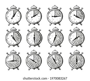 Vector illustration of a timer set from 5 minutes to an hour, icons in a sketch doodle style to indicate cooking times and other actions that require waiting. Icons for packaging products.