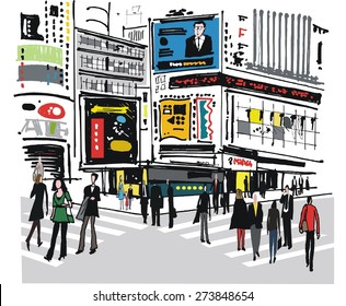 Vector illustration of Times Square New York with signs and pedestrians.