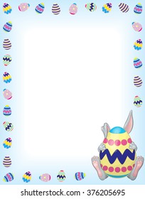 A vector illustration of a timid gray bunny behind a colorfully painted Easter egg on a white to blue background with and Easter egg boarder. There's a large area for text.