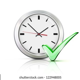 Vector illustration of timing concept with classic office clock and check mark icon isolated on white background