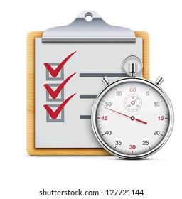 Vector illustration of timing concept with classic stopwatch, clipboard and check list