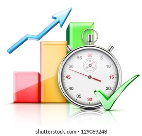 Vector illustration of timing concept with classic stopwatch, finance graph and check mark